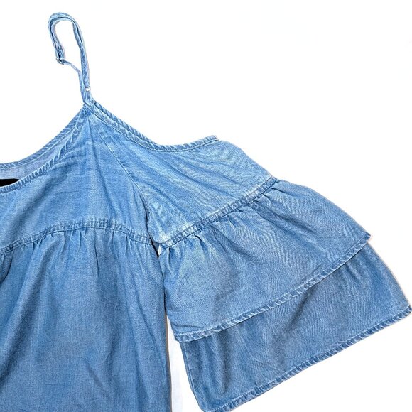 Walter Baker | Lyocell Cold Shoulder Blue Ruffle Sleeve "Tara" Top | Medium - Picture 9 of 14